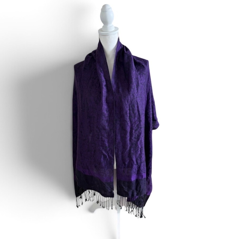 Pashmina Wool Silk Scarf Purple Paisley Jacquard Wrap Fringe Trim Shawl Classic